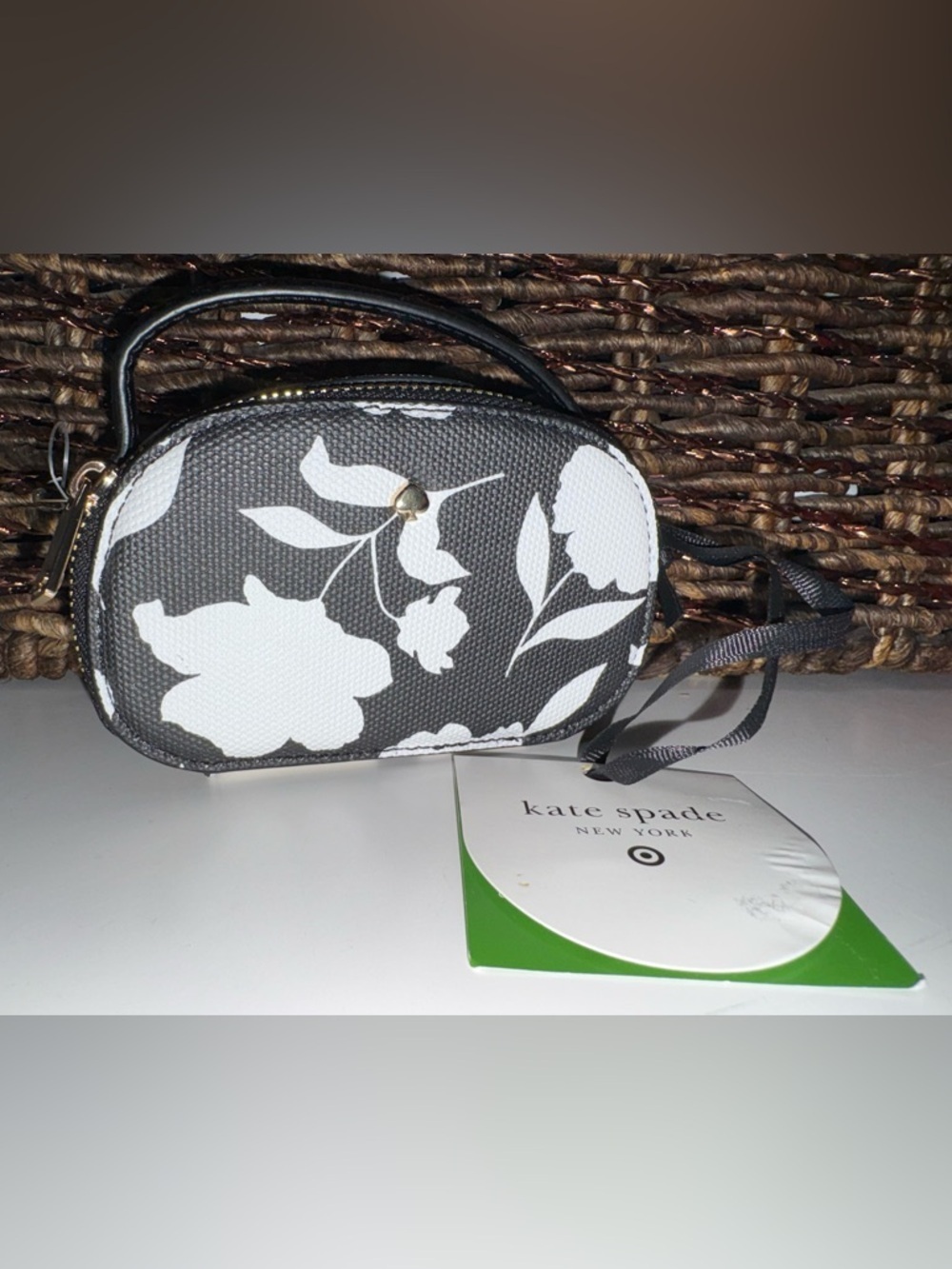 Kate Spade Black & White Floral Mini Zip Pouch / Coin Case NWT